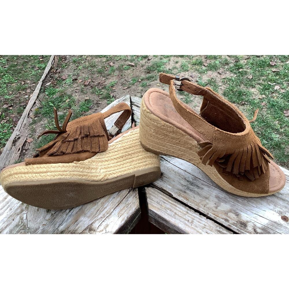 Minnetonka Suede Fringe Wedge Sandals Brown Jute Boho Espadrille Size 7 - Picture 3 of 7